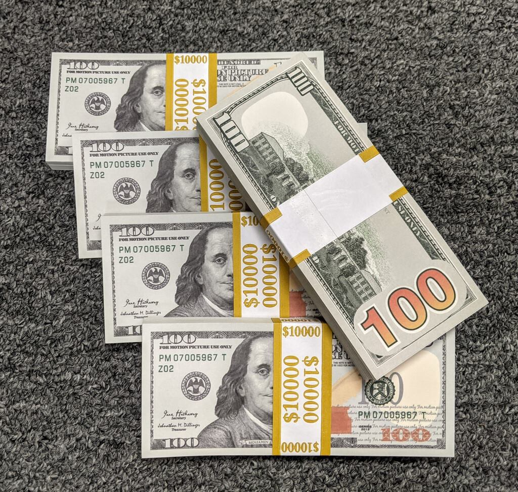 Full print prop money stacks and bricks for film heist and briefcase scenes